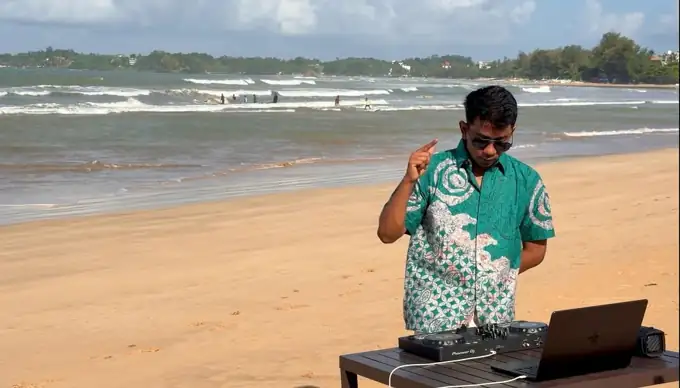 Recording Slipstream on the beach at Weligama, Sri Lanka